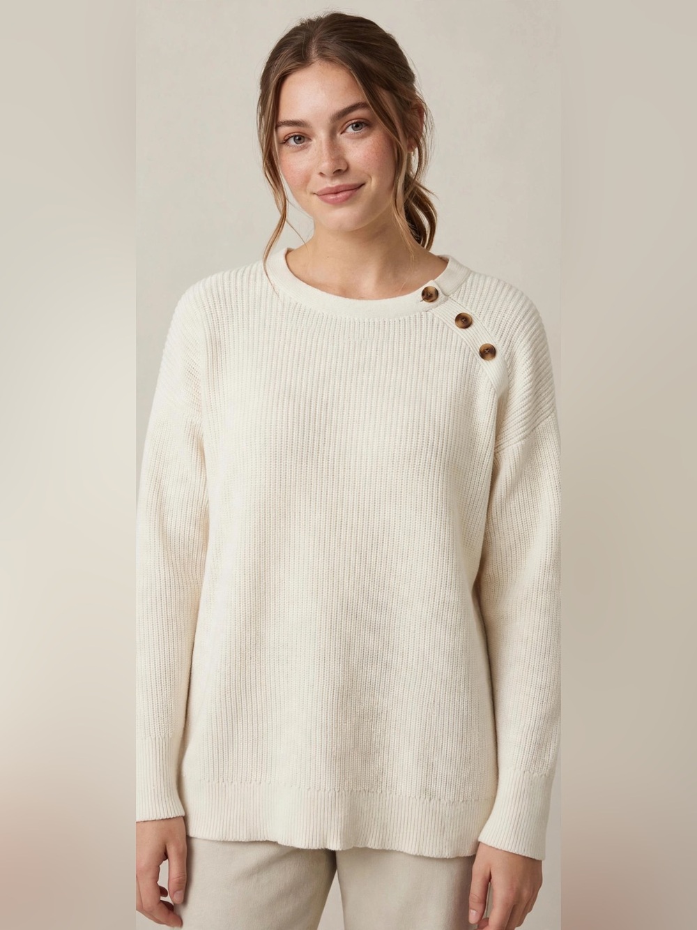 LOFT Cream Crewneck Sweater with Shoulder Buttons